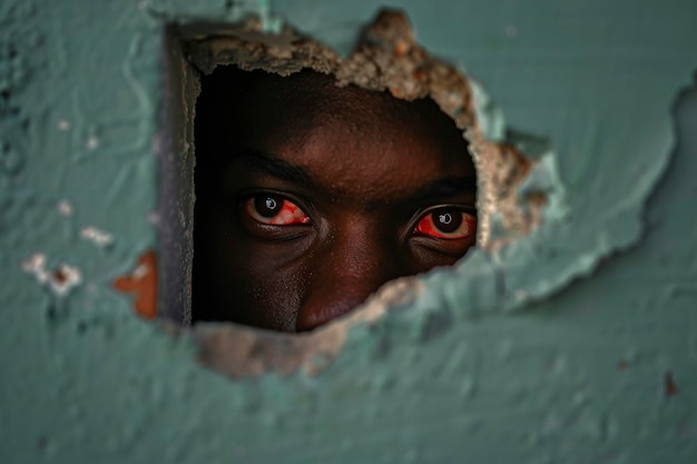 Young Man With Red Eyes Peeking Through Wall Hole