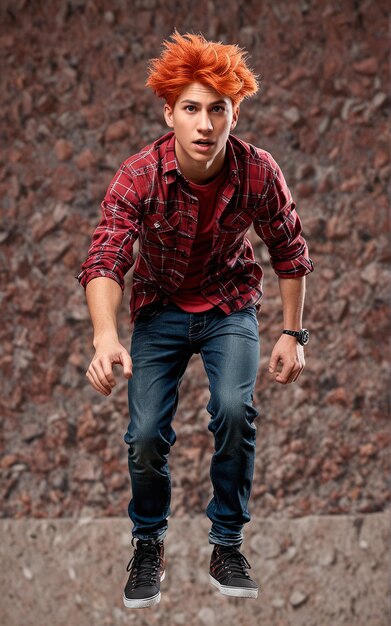 Photo a young man with red hair jumping in the air