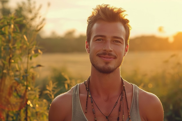 Young man with serene expression during sunset outdoors