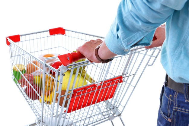 Young man with shopping cart close up