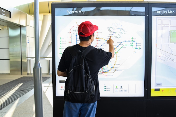 Photo スマートフォンを持った若い男が駅で地下鉄の地図を指さしている
