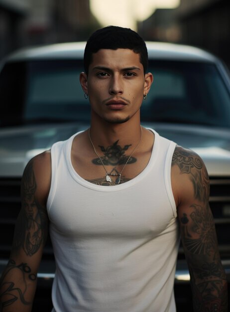 Photo a young man with tattoos is standing in traffic