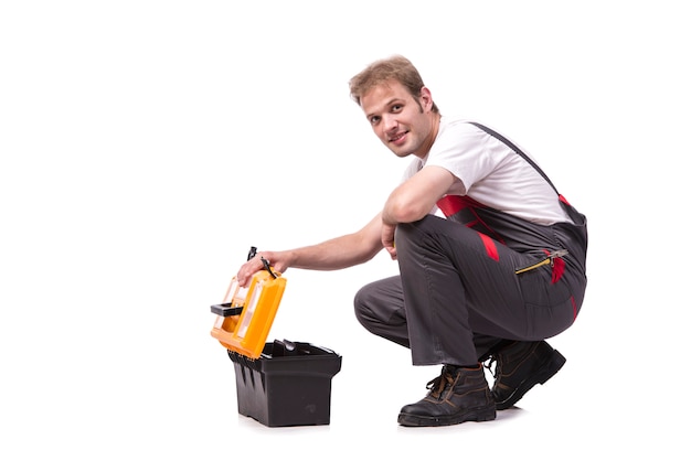 Young man with toolkit toolbox isolated on white