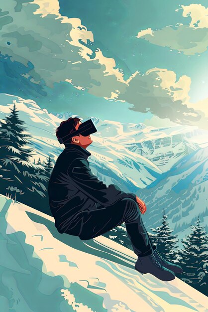 young man with virtual glasses sitting on the precipice of a mountain