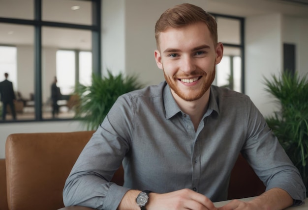 Photo young man with a warm smile sitting at his desk friendly professional in a comfortable office