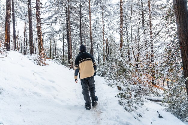 A young man with a white wool sweater in the snowy forest of the Artikutza natural park in Oiartzun