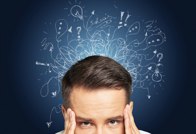 Young man with worried stressed face expression with illustration