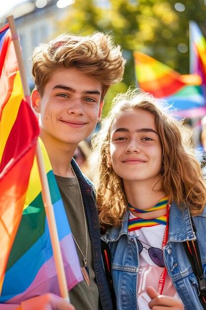 Foto un giovane uomo e una giovane donna stanno tenendo bandiere arcobaleno e sorridendo per la telecamera