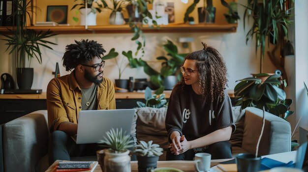 Photo a young man and woman are sitting on a couch in a living room talking and laughing there is a laptop on the table in front of them