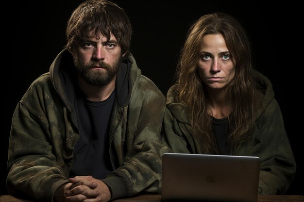 Photo a young man and woman are sitting with a laptop