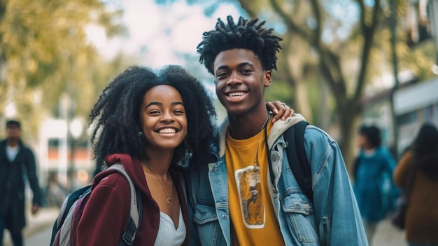 A young man and a woman are smiling and posing for a photo.