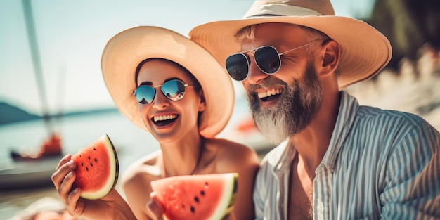 Young man and woman on the beach eating watermelon couple travel vacation in summer time generate ai