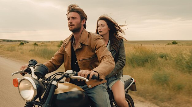 Photo young man and woman on a classic motorcycle created with ai