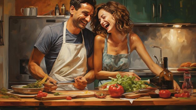 Foto giovane uomo e donna che cucinano in cucina