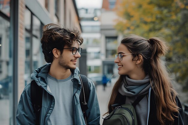 Foto un giovane uomo e una giovane donna che conversano fuori