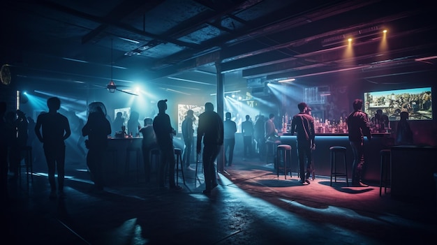 Young man and woman having a party in a nightclub talking and having fungenerative ai