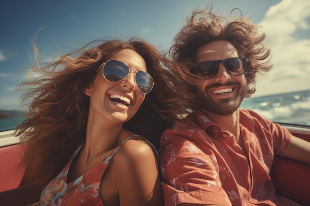 Young man and woman laughing in speedboat enjoying summer on sunny day Generative ai art