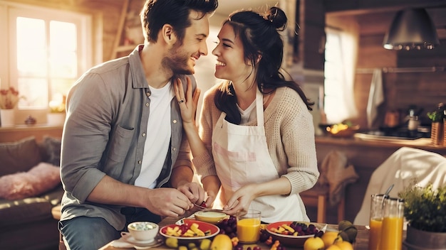 Young man and woman in love having healthy fun breakfast at kitchen in morning