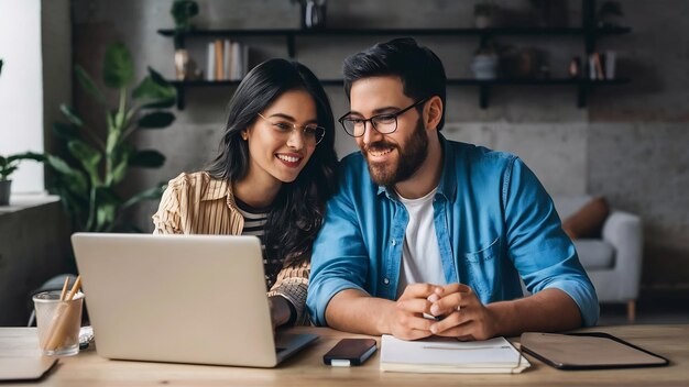 Young man and woman in love sitting at home working online