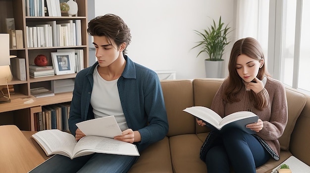 Young man and woman reading a report in a cozy reading room while working from home