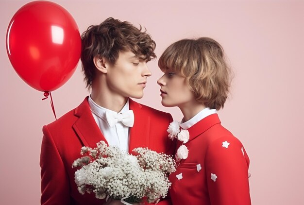 young man and woman in red suits holding balloons