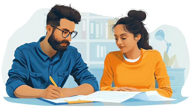 Young man and woman studying at home Vector illustration