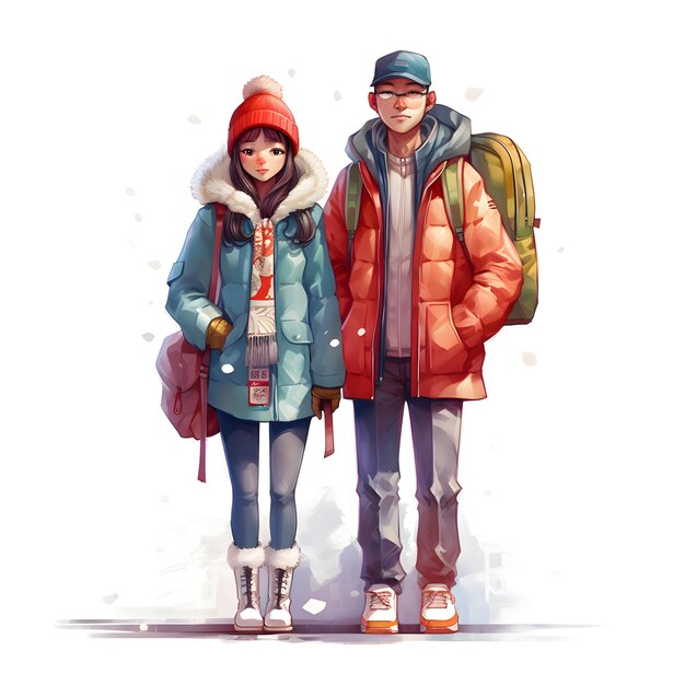 Photo young man and woman in winter clothes with backpacks vector illustration