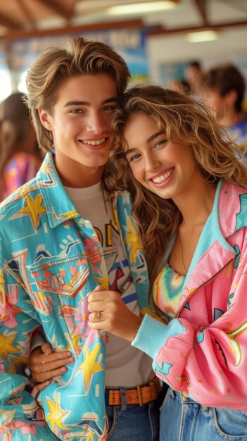 Foto un giovane uomo e una giovane donna con i capelli ricci sorridono e posano per una foto