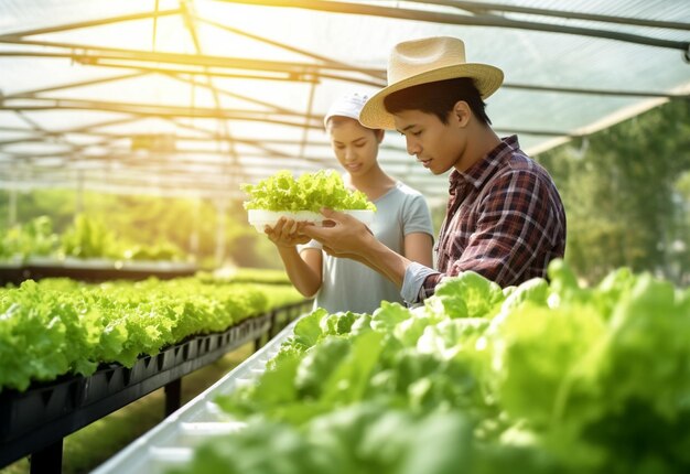 Young man and woman working in hydroponic farm