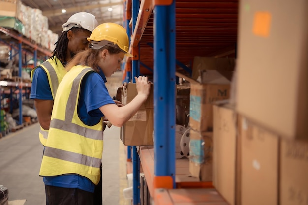 Young man and woman working together in warehouse This is a freight transportation