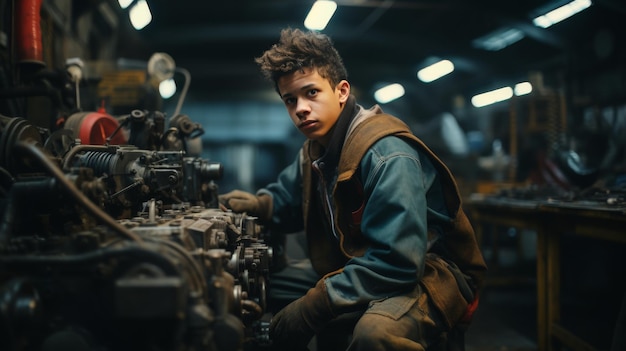 Молодой человек, работающий на автомобильном двигателе