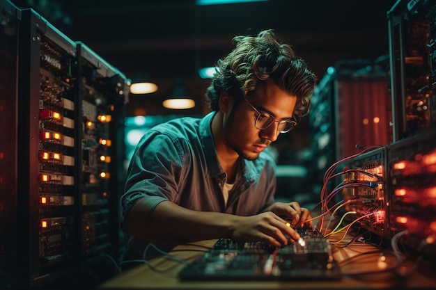 Young man working on an ethernet switch