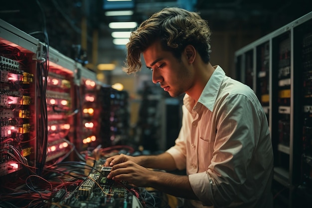 Young man working on an ethernet switch