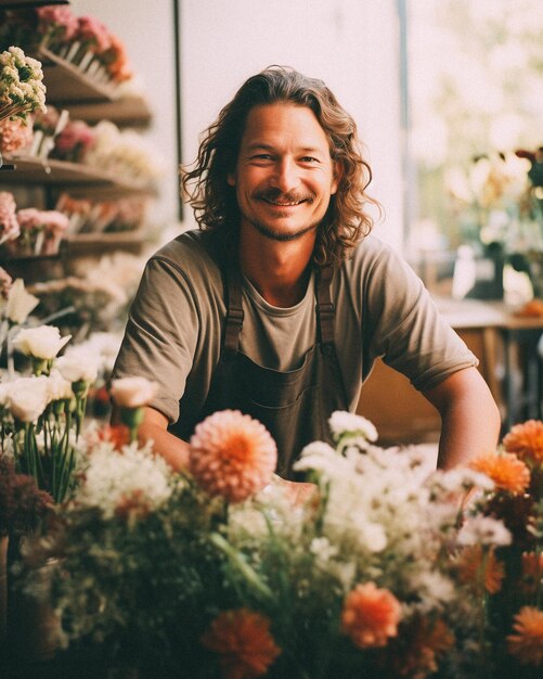 Photo young man working at a flower shop