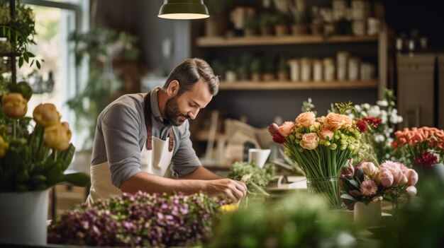 Young man working in a flower store