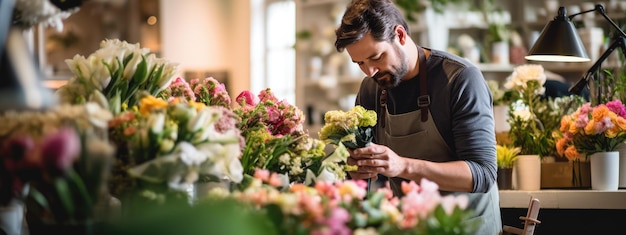 Young man working in a flower store