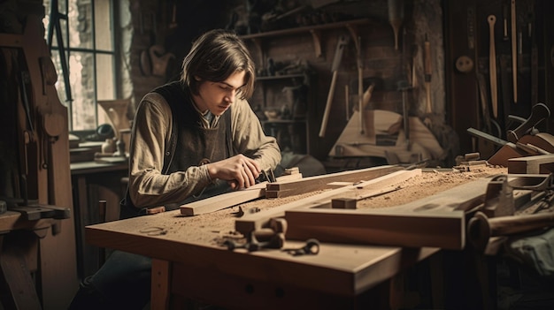 Young man working in furniture workshop with wood planer with determination Generative AI AIG21