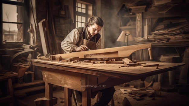 Young man working in furniture workshop with wood planer with determination Generative AI AIG21
