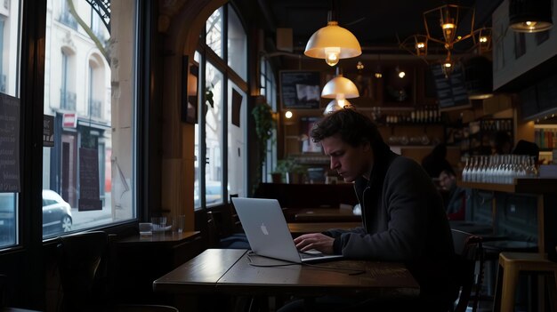 Young man working on his laptop in a cafe He is wearing a black jacket and there is a window next to him