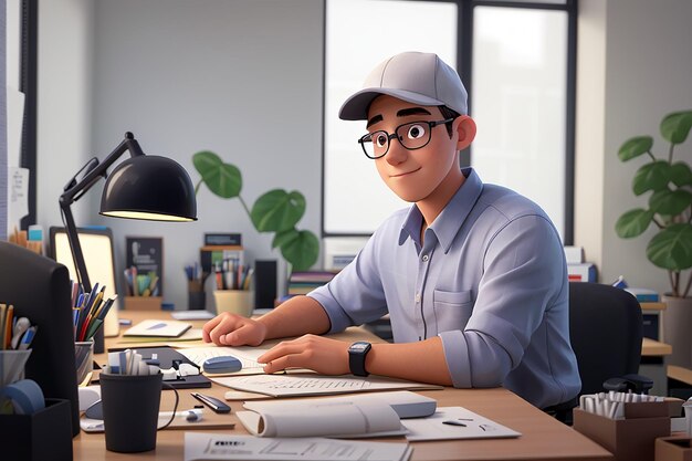 Young man working on laptop boy freelancer or student with computer at table looking in camera