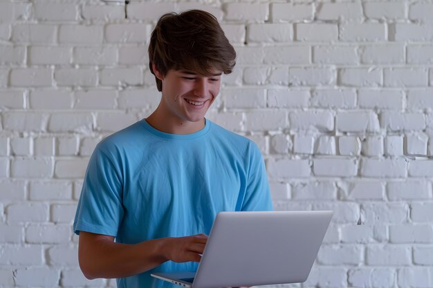 young man working on laptop computer at modern home office