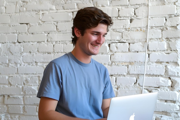 young man working on laptop computer at modern home office
