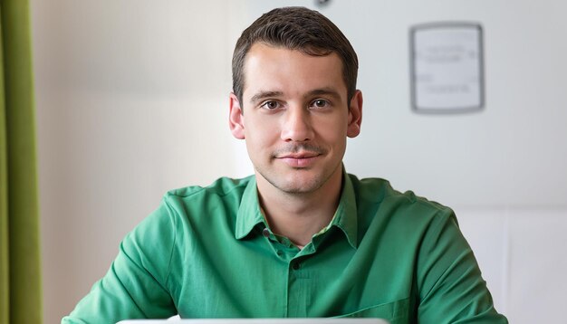 Photo young man working on a laptop confident businessman investor looking at camera