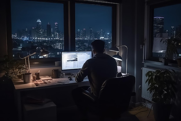 Young man working on laptop in modern appartment checking email in morning AI