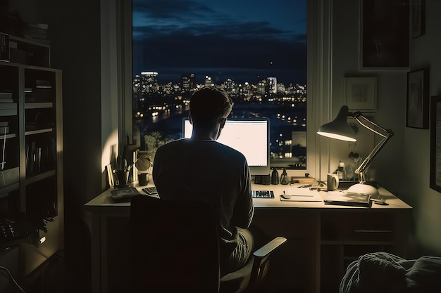 Молодой человек работает на ноутбуке в современной квартире, проверяет почту по утрам.