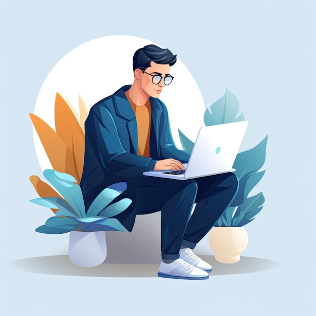 Young man working on laptop in the park Vector illustration in cartoon style