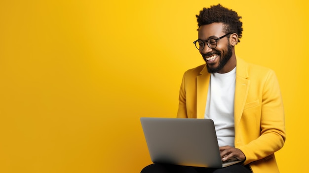 Young man working on a laptop on a yellow background