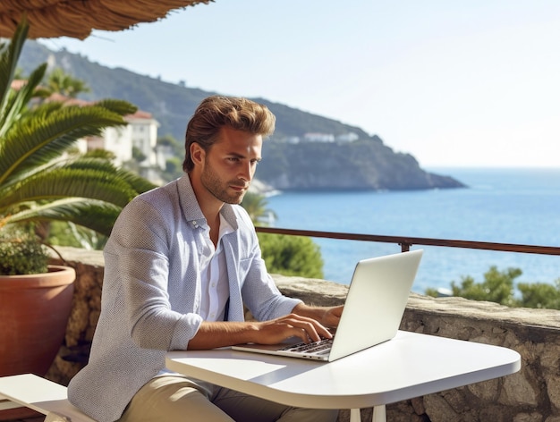 Young man working remotely on a terrace with a view AI generative