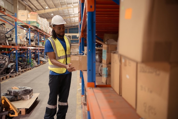 Young man working in warehouse This is a freight transportation and distribution warehouse