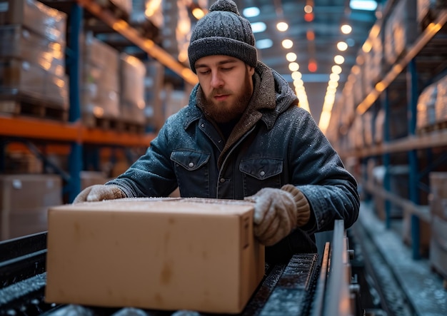 Young man working at warehouse with boxes